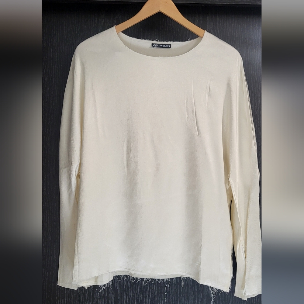 Zara Cream Long Sleeve Top With Frayed Edge